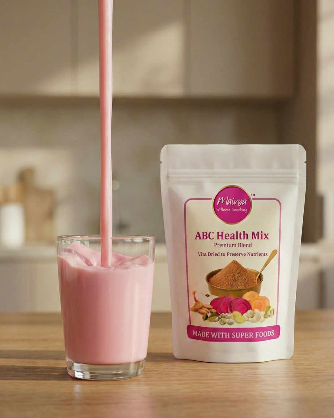 MAIVYA ABC Health Mix powder with glass of beetroot apple carrot drink