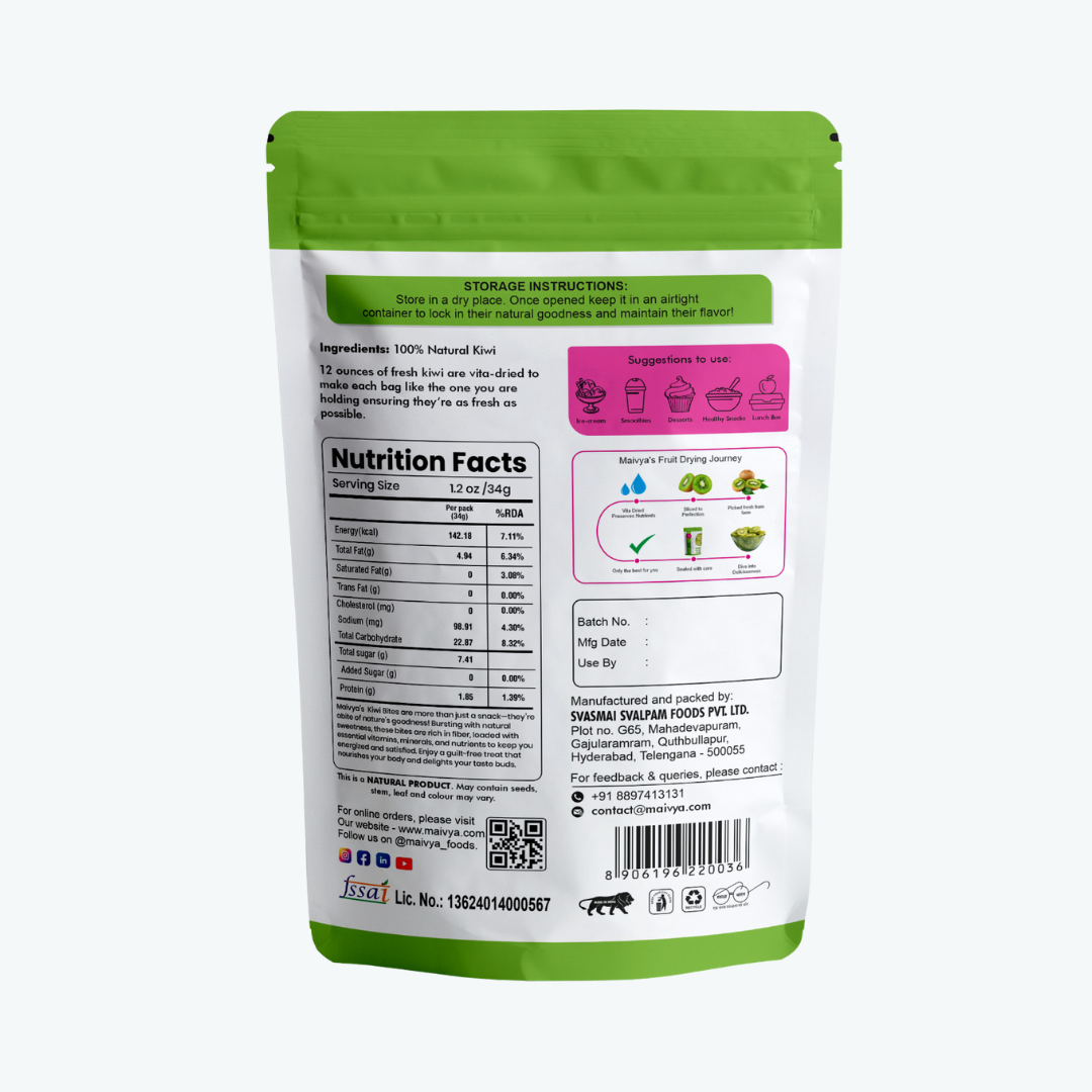 Back-of-pack image showing Kiwi Bites ingredients, nutrition table, storage instructions, manufacturer details, and quality certifications.