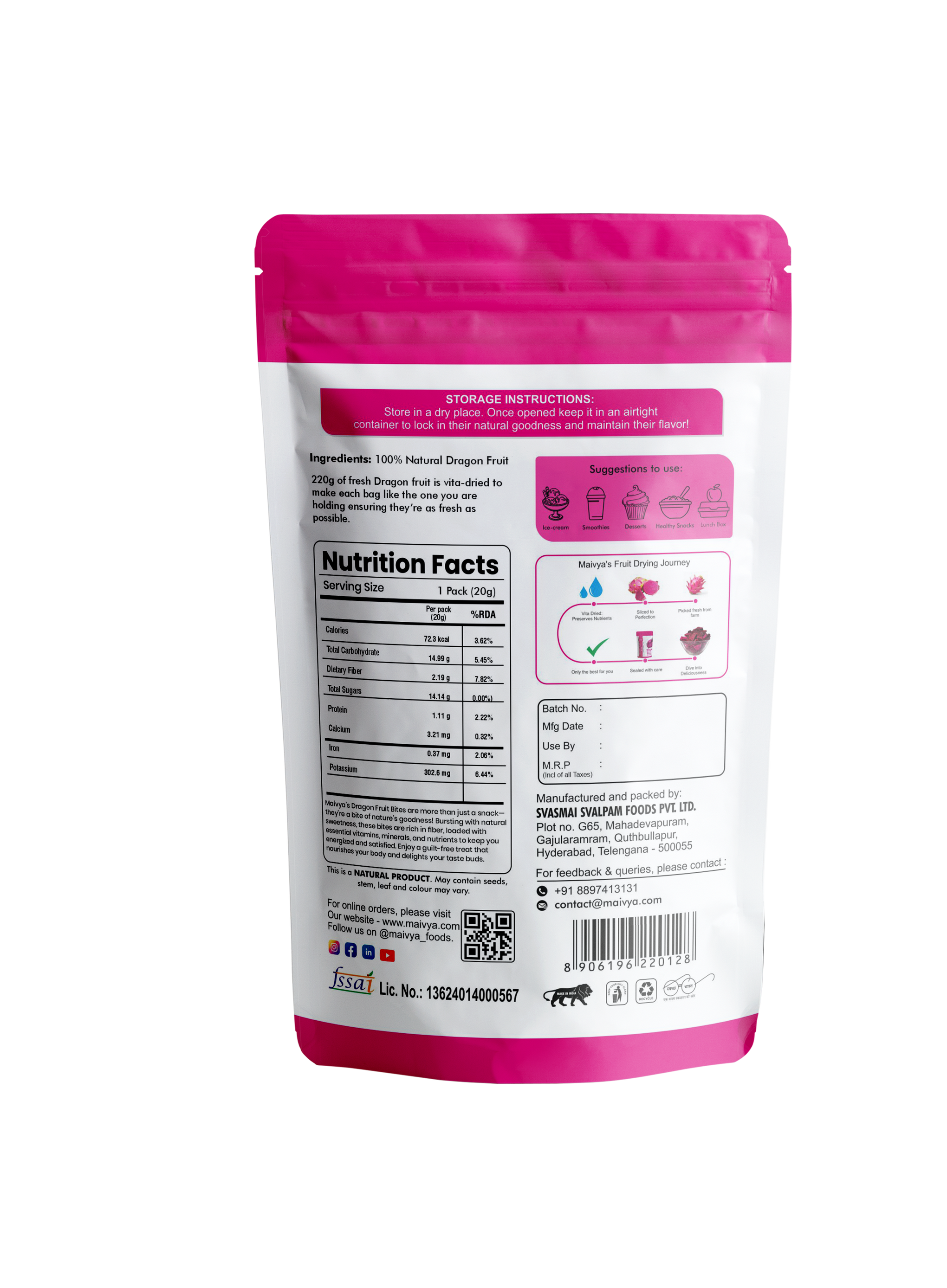 Back-of-pack image displaying Dragon Fruit Bites ingredients, nutrition table, storage instructions, quality certifications, and manufacturer information.