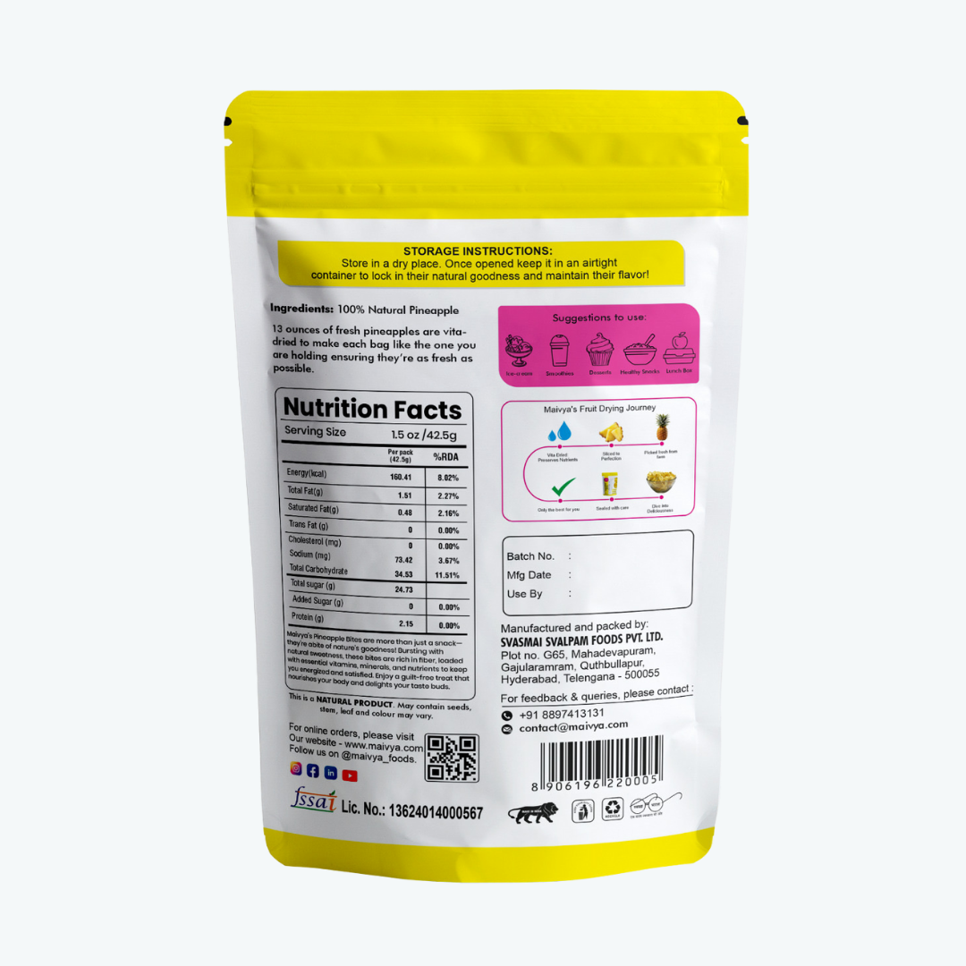 Back-of-pack view of Maivya Pineapple Bites displaying ingredients, nutrition facts, storage instructions, and manufacturer details.