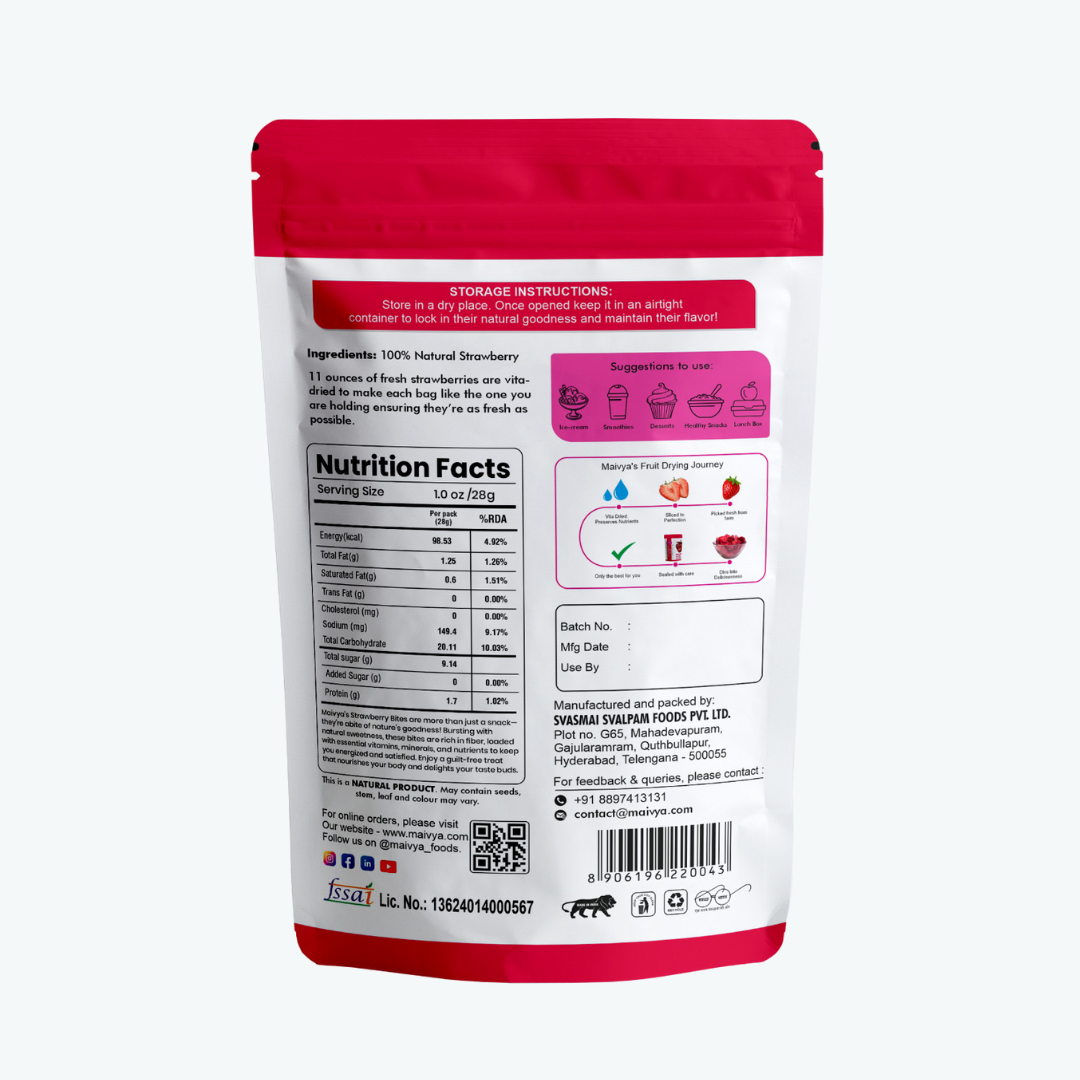Back-of-pack image of Maivya Strawberry Bites displaying nutrition facts, storage instructions, ingredient details, and clean-label information.