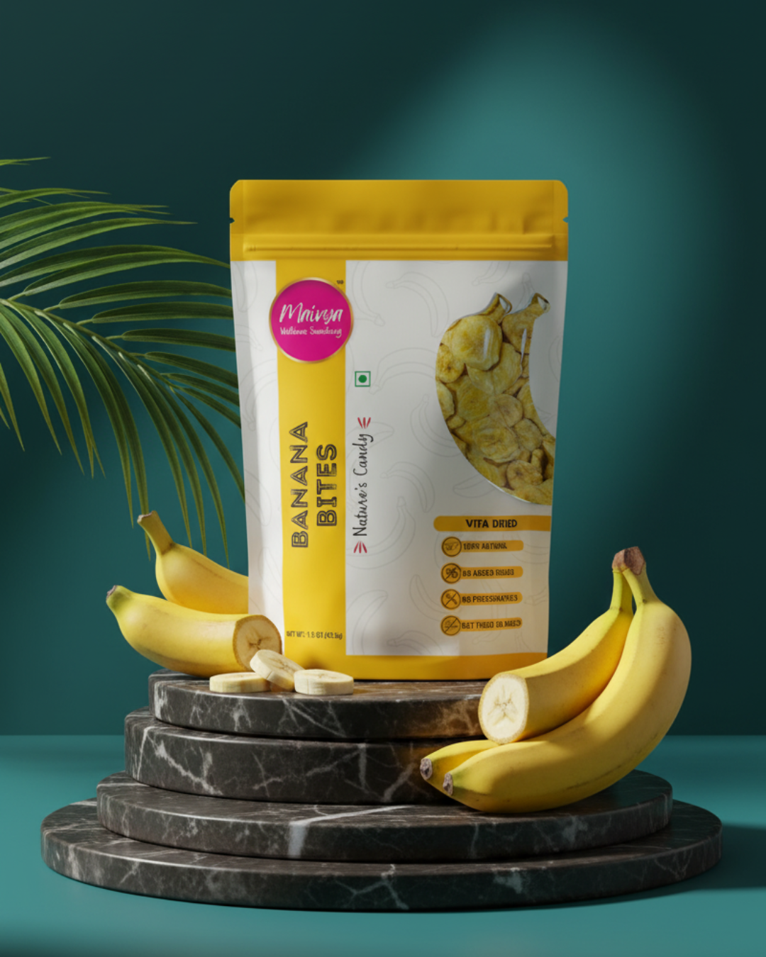 Maivya Banana Bites displayed with fresh bananas, showcasing a naturally sweet, vita-dried snack made for kids and adults without preservatives.