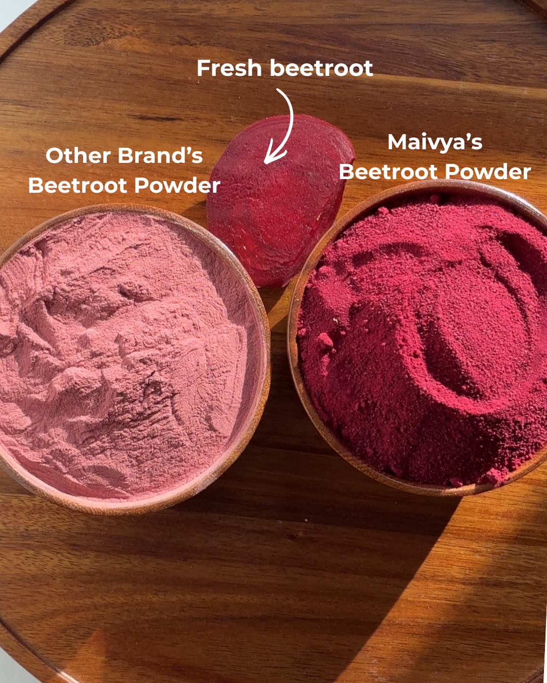 Maivya Beetroot powder Comparison. Maivya Beetroot powder looks fresh and vibrant. Other brand powders look pale and lost betalains and nutrients