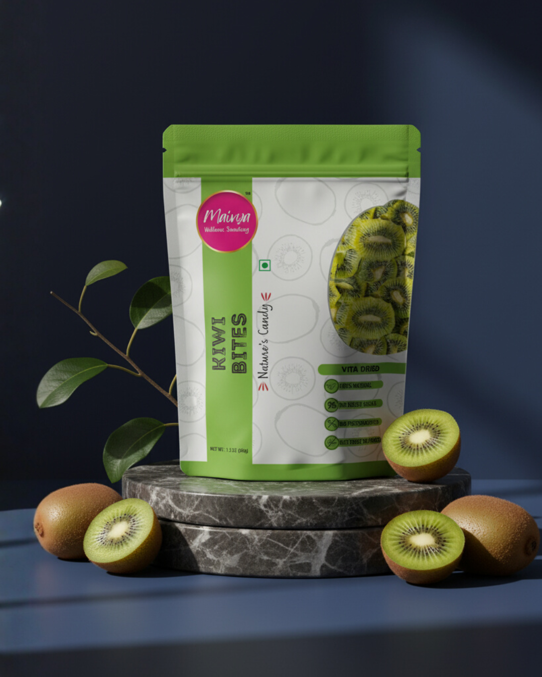 Maivya Kiwi Bites displayed with fresh kiwi fruits, highlighting a naturally sweet, vitamin-rich snack crafted for kids and adults using Vita-Drying technology.