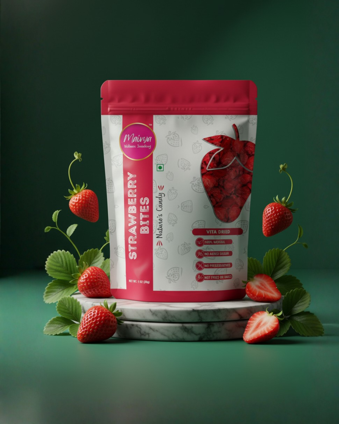 Maivya Strawberry Bites displayed with fresh strawberries, showcasing a naturally sweet, vita-dried snack made for kids and adults without preservatives.