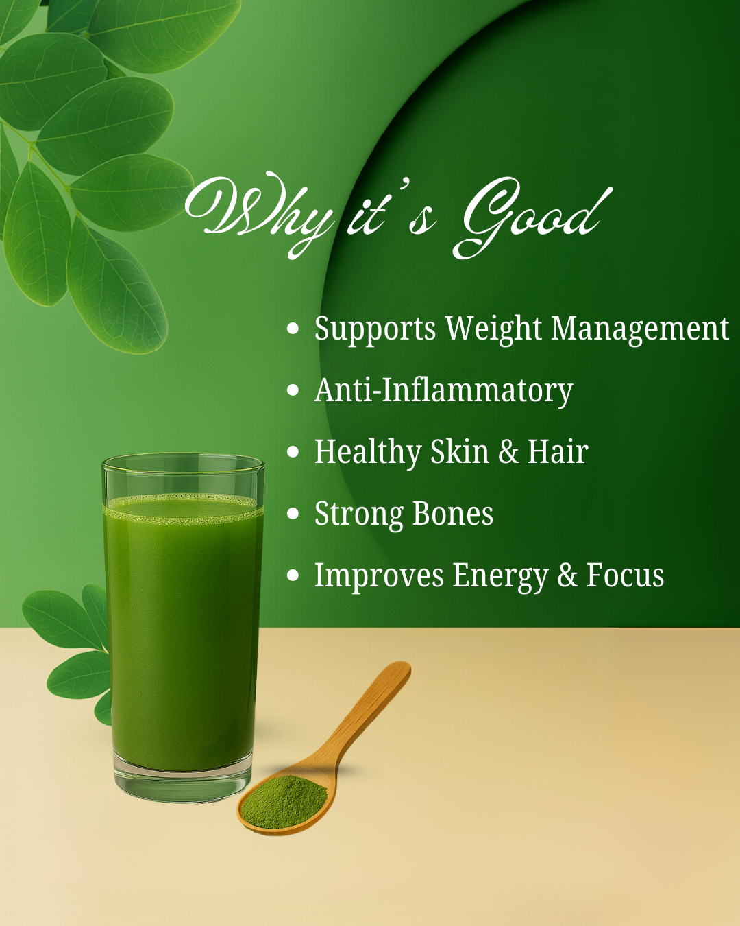 Maivya Moringa Powder made from 100% pure moringa leaves, shown with a fresh green drink, rich in vitamins, minerals, and antioxidants.