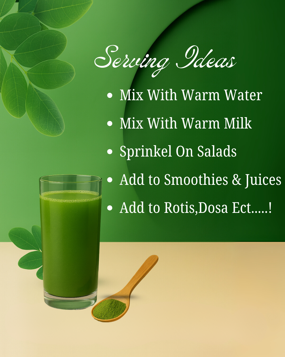 Maivya Moringa Powder made from 100% pure moringa leaves, shown with a fresh green drink, rich in vitamins, minerals, and antioxidants.