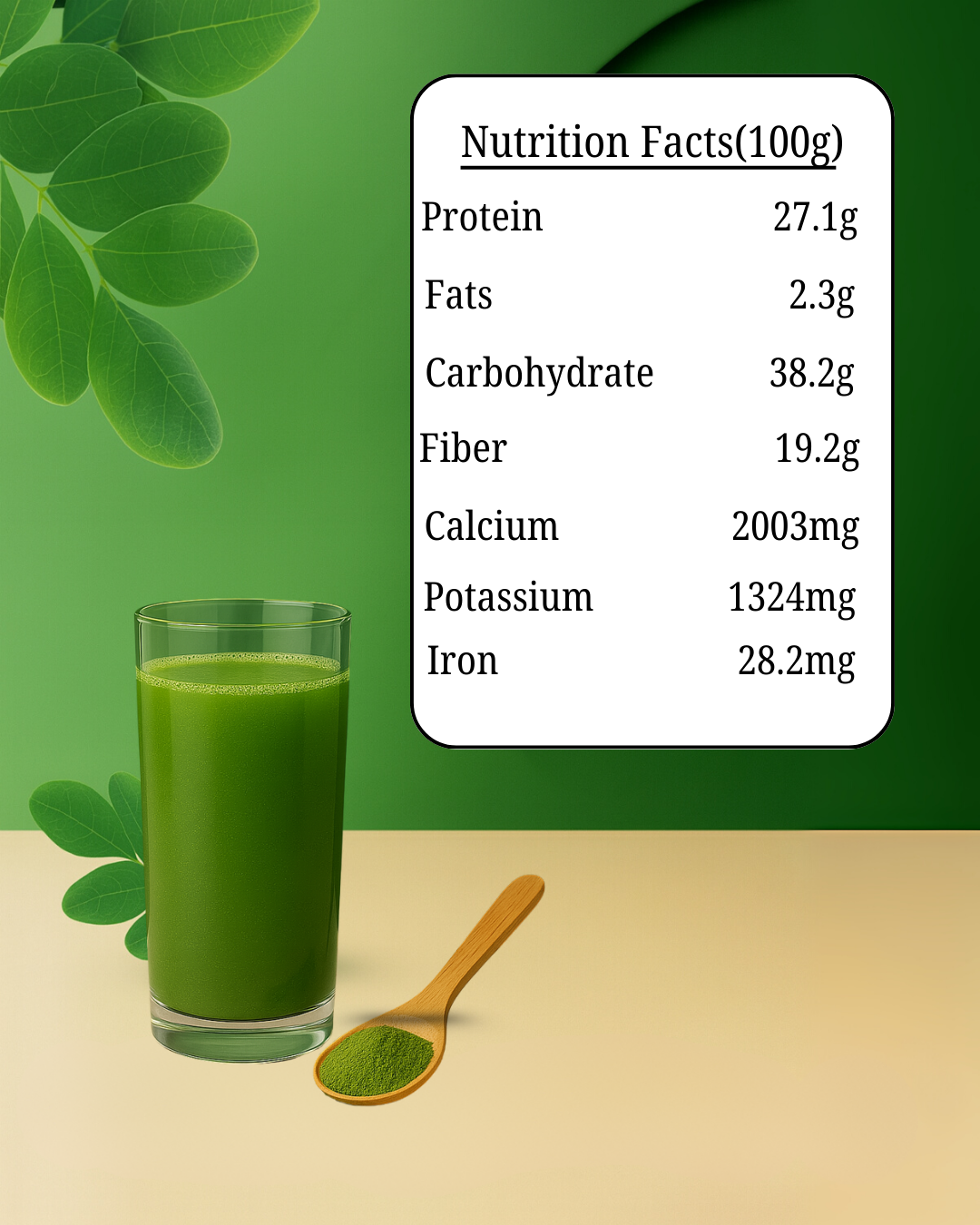 Maivya Moringa Powder made from 100% pure moringa leaves, shown with a fresh green drink, rich in vitamins, minerals, and antioxidants.