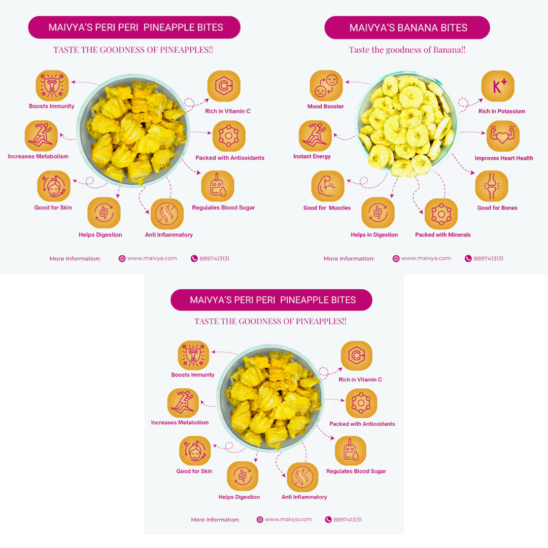 This image highlights peri peri pineapple and banana bites from Ultimate Fruit Fusion, rich in vitamin C, fiber, and natural minerals for daily wellness.