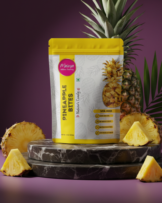 Maivya Pineapple Bites are made from real pineapples using vita-drying, offering a naturally sweet and healthy snack for kids and adults.