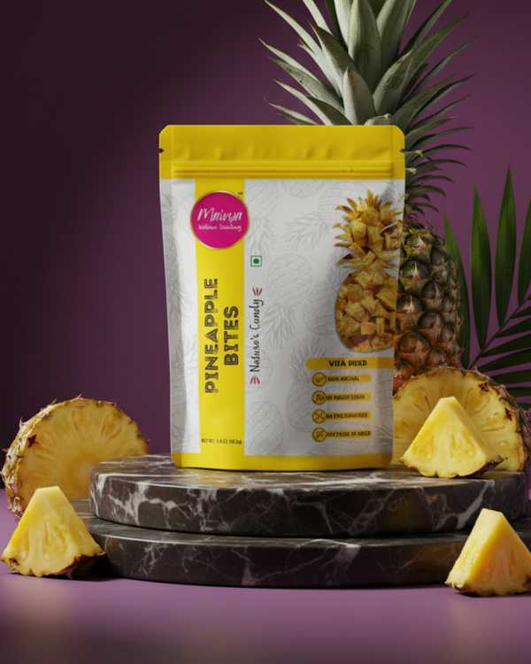 Maivya Pineapple Bites are made from real pineapples using vita-drying, offering a naturally sweet and healthy snack for kids and adults.