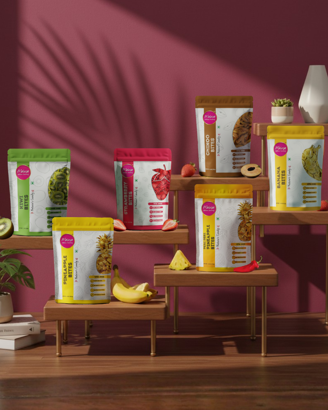 Ultimate Fruit Fusion showcases a colorful range of 100% natural fruit bites, offering a healthy, fiber-rich snacking option for kids and adults.